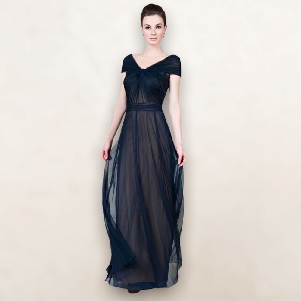 TADASHI SHOJI elegant evening gown, black tulle over gold, pleated bodice [10]